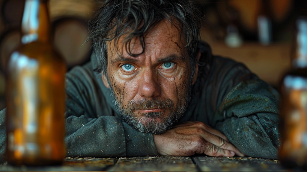 Ilustracja graficzna symbolizująca chorobę alkoholową – sylwetka człowieka i butelka alkoholu.